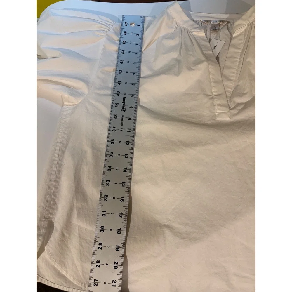 Banana Republic White Cotton Poplin Blouse Small V-Neck Puff Sleeve Peasant Top